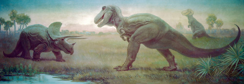 Dibujo de un enfrentamiento de un tiranosaurio y un triceratops