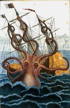 Detalle de grabado con un kraken atacando un barco